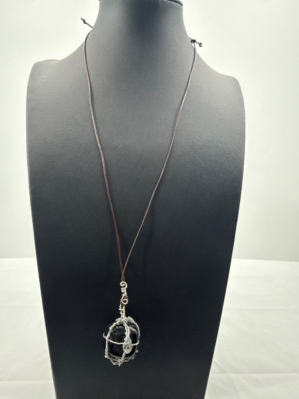 Wire Wrapped Black Onyx Crystal Pendant Necklace Goth Grunge Boho Indie Jewelry